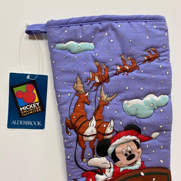 90s Disney Christmas Stocking Xmas Holiday Quilted Decor Mickey Sleigh Ride - Picture 2 of 4